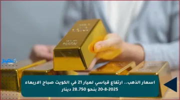 أسعار الذهب.. ارتفاع قياسي لعيار 21 في الكويت صباح الأربعاء 20-8-2025 بنحو 28.750 دينار